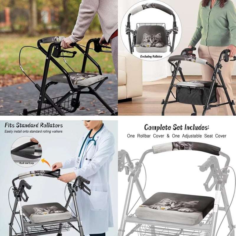 LedBack Cute Gray Cat Rollator Cover Universal Rollator Walker Seat and Backrest Covers Walker Accessories Sets for Seniors Underseat Pouch Tote for Rolling Walkers - Image 4